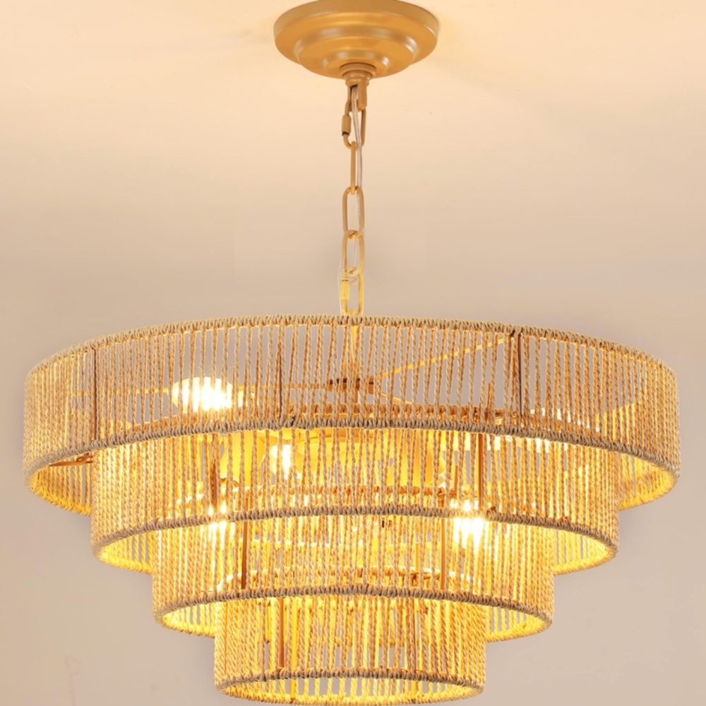 NWT  20" Boho Woven Chandelier Hanging Light Fixture,Rattan Brass Pendant